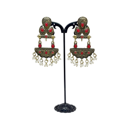 Antique Gold Red Stone Dangler Earrings for Women – Ethnic Traditional Earrings with Pearl Drops for Party & Wedding