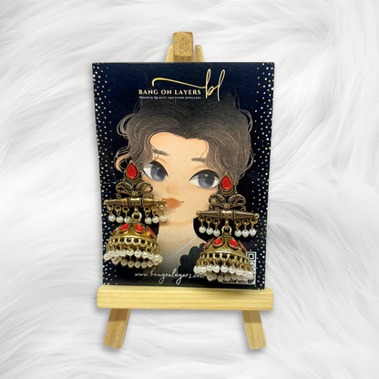 Traditional Antique Gold-Plated Jhumka Earrings for Women & Girls, Red Stone
