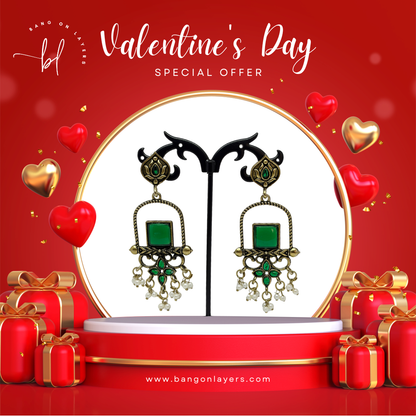 Traditional Green Stone Dangler Earrings for Women – Antique Gold Finish Ethnic Earrings with Pearl Beads for Festive & Wedding