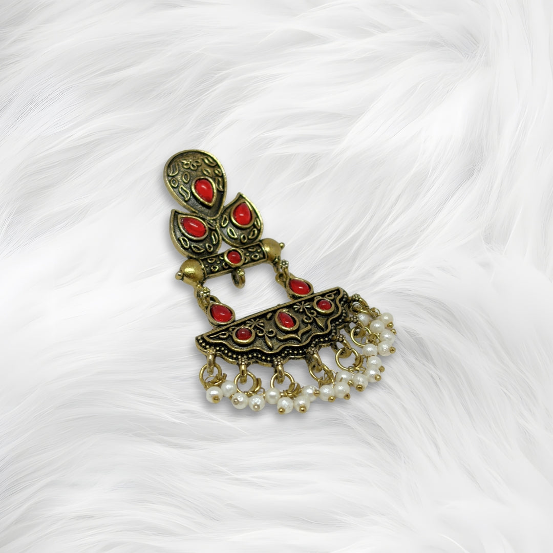 Antique Gold Red Stone Dangler Earrings for Women – Ethnic Traditional Earrings with Pearl Drops for Party & Wedding