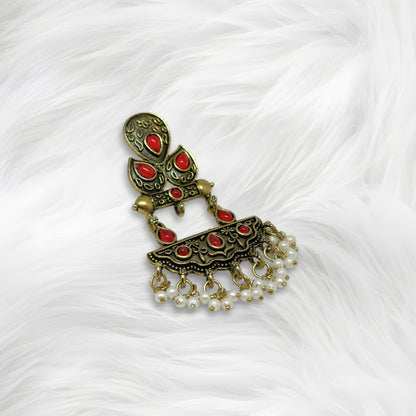 Antique Gold Red Stone Dangler Earrings for Women – Ethnic Traditional Earrings with Pearl Drops for Party & Wedding