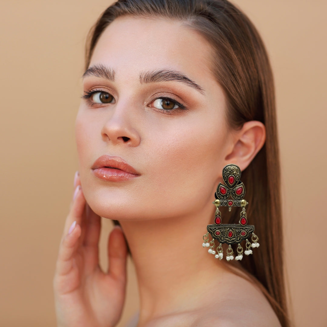 Antique Gold Red Stone Dangler Earrings for Women – Ethnic Traditional Earrings with Pearl Drops for Party & Wedding