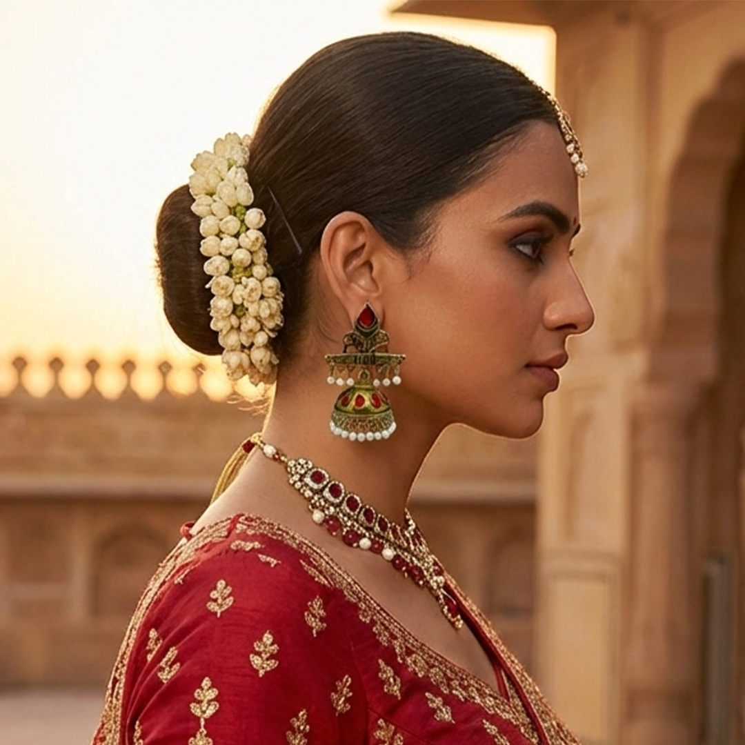 Traditional Antique Gold-Plated Jhumka Earrings for Women & Girls, Red Stone