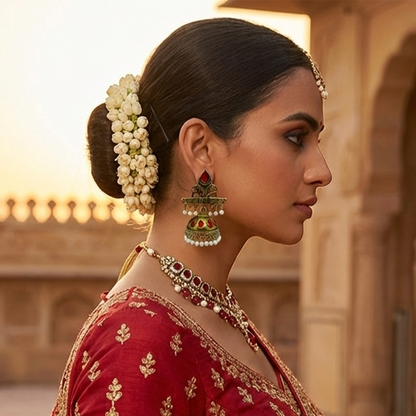 Traditional Antique Gold-Plated Jhumka Earrings for Women & Girls, Red Stone