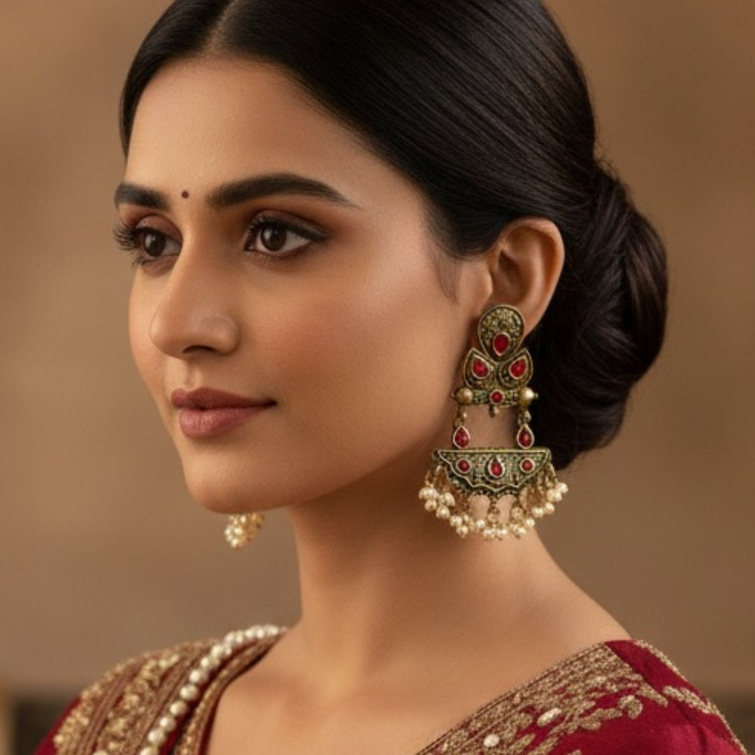 Antique Gold Red Stone Dangler Earrings for Women – Ethnic Traditional Earrings with Pearl Drops for Party & Wedding