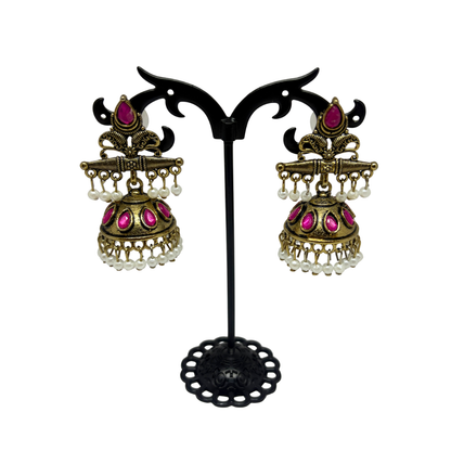 Traditional Antique Gold-Plated Jhumka Earrings for Women & Girls Pink Stone