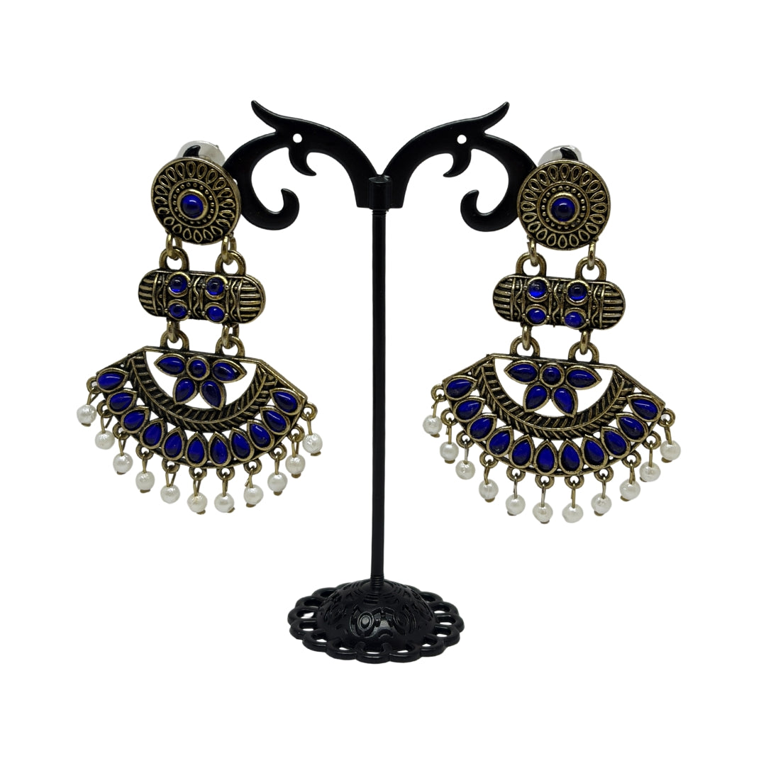 Antique Gold Blue Stone Dangler Earrings for Women – Ethnic Traditional Earrings with Pearl Drops for Party & Wedding