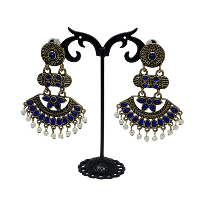 Antique Gold Blue Stone Dangler Earrings for Women – Ethnic Traditional Earrings with Pearl Drops for Party & Wedding