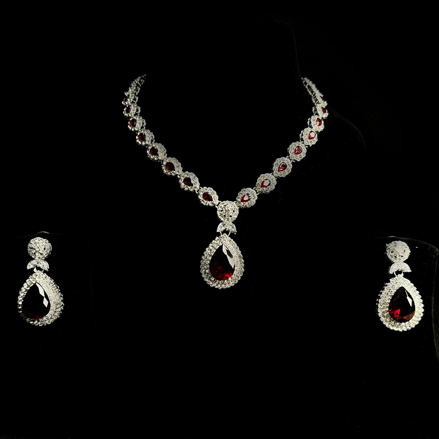 Sliver-Plated American Diamond-Studded In Red And White, Necklace & Earrings