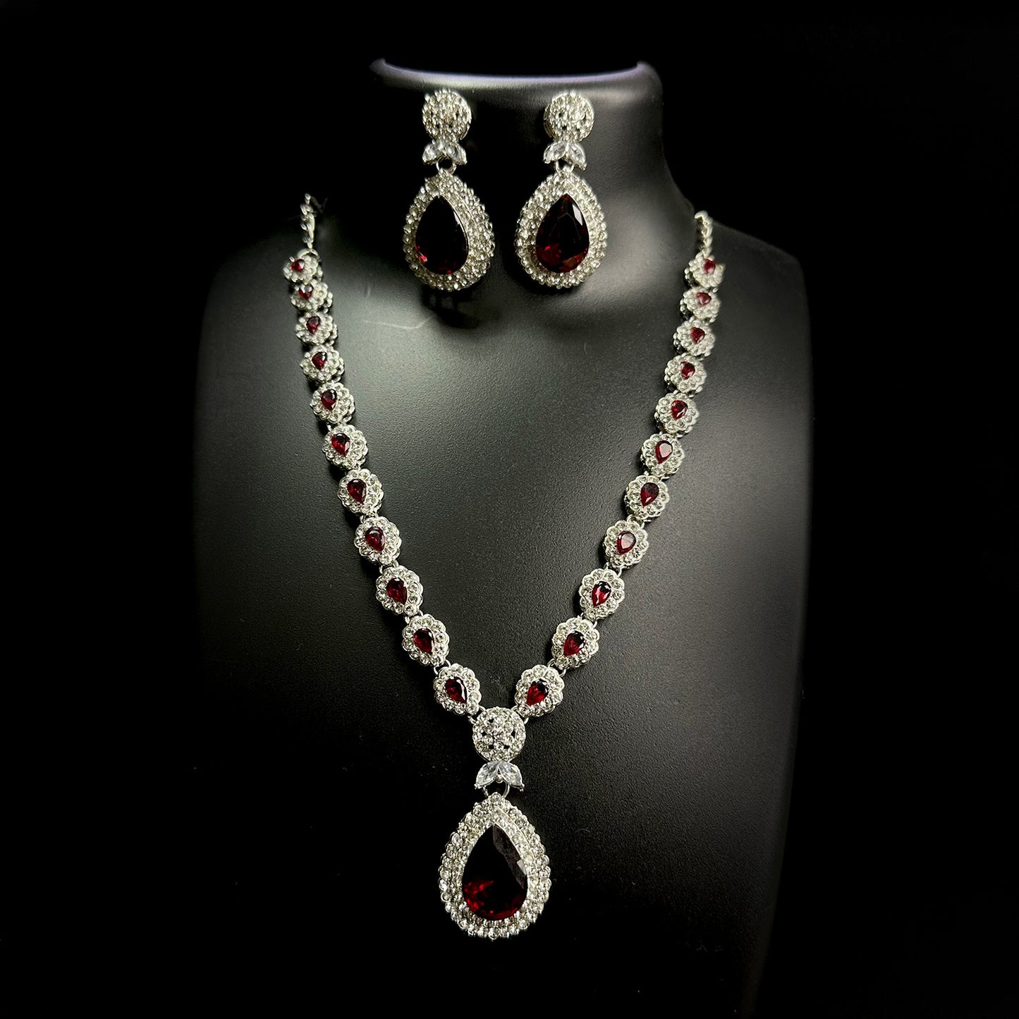 Sliver-Plated American Diamond-Studded In Red And White, Necklace & Earrings