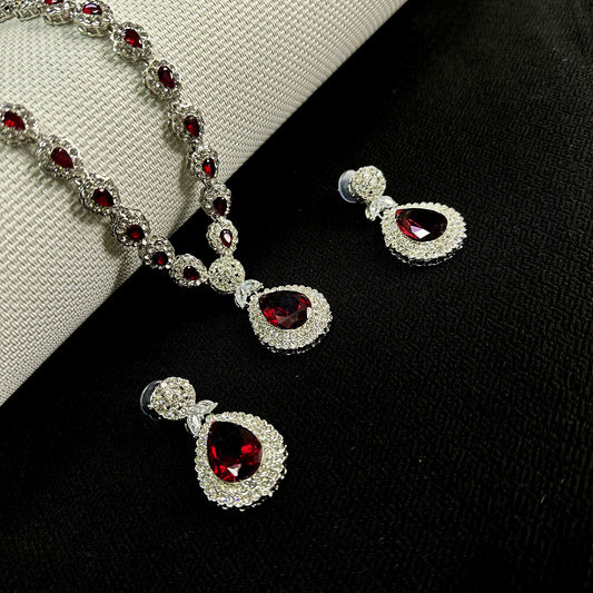 Sliver-Plated American Diamond-Studded In Red And White, Necklace & Earrings