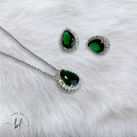 Rhodium Plated Studded Pendant & Earrings Set In Green & White Colour