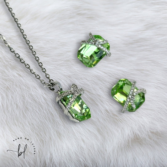 Rhodium-Plated CZ Studded Pendant & Earrings Set In Green & White Colour