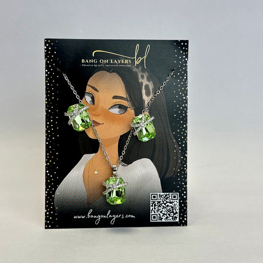 Rhodium-Plated CZ Studded Pendant & Earrings Set In Green & White Colour