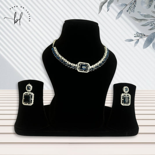 American Diamond Stone Studded Choker Necklace In White And Blue Colour