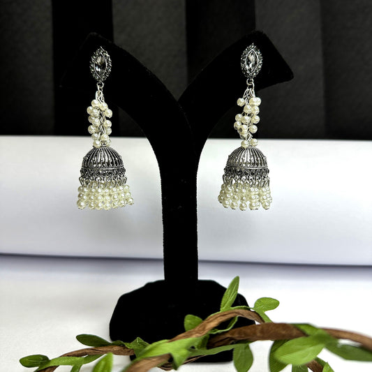 PEARL BEDDED GERMAN SILVER OXIDISED JHUMKA EARRINGS