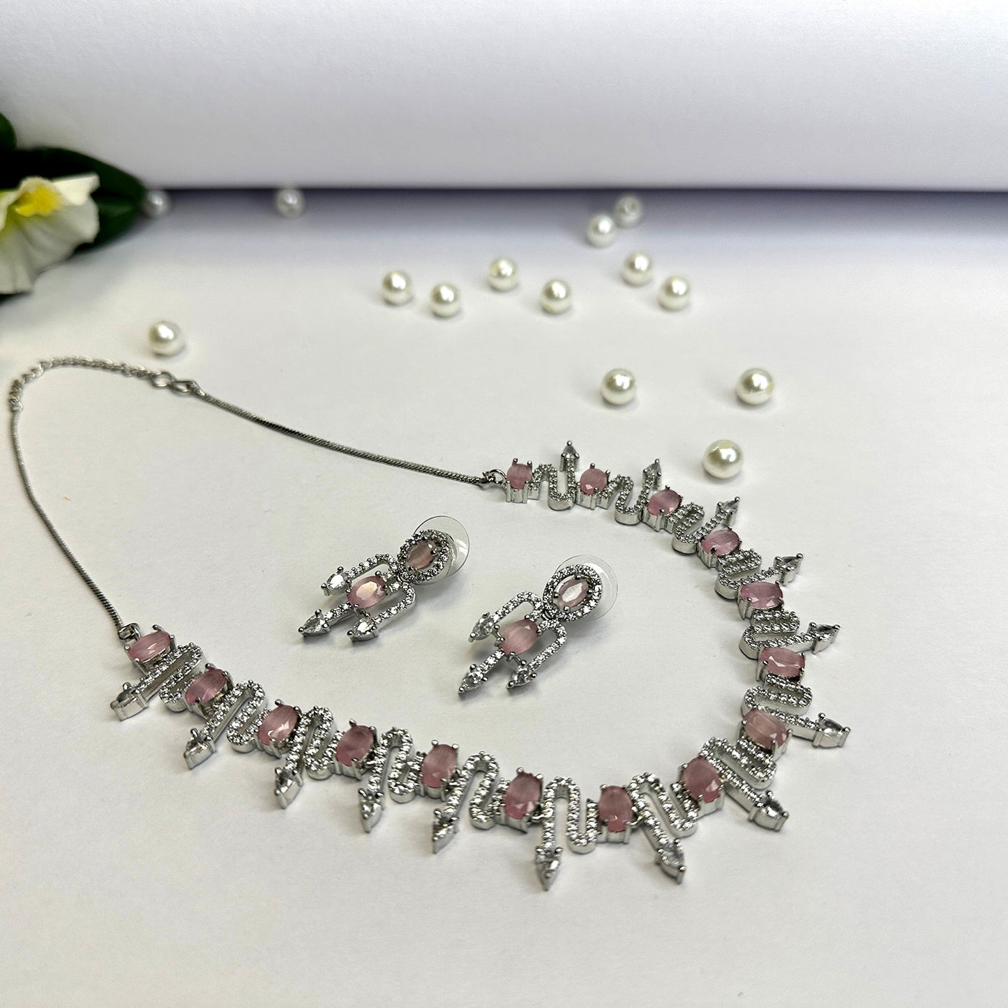 SILVER PLATED AMERICAN DIAMOND UNIQUE DESIGN JEWELLERY SET