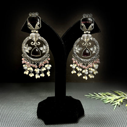 GERMAN SILVER OXIDISED PEARL AND STONE BEDDED LONG EARRINGS